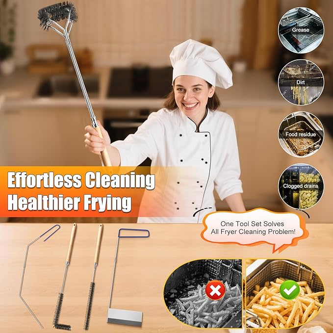 Fryer Cleaning Tool 5 Piece Set Deep Fryer Basket Brush Long Handle L-Shaped &amp Straight Crevice Cleaning Brush Cleanout Rod Kit and V-Shaped Strainer Scoop for Restaurant Kitchen Maintenance