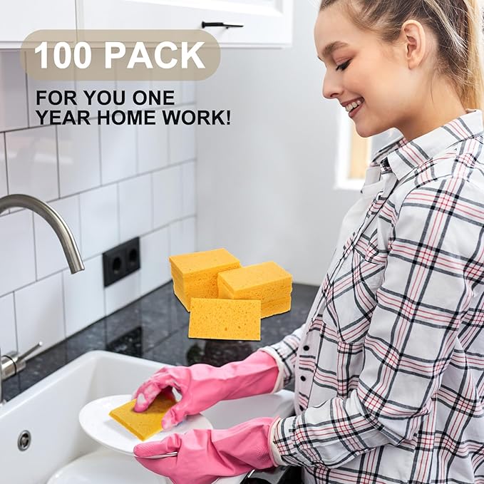 Zhengmy 100 Pieces Sponges Kitchen Compressed Sponges Bulk Natural Dish Sponge Compressed Wood Pulp Cleaning Sponge Without Scratching for Kitchen Bathroom 3.9 x 2.4 x 0.12 Inch (Yellow)
