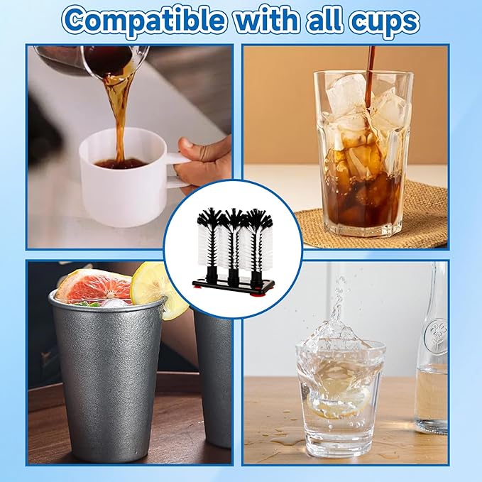 STARVAST 2Pcs Water Bottle Cleaning Brush with Suction Base Black 3 Head Bristle Bar Glass Washer Cup Washer Brush Cleaner for Bar Beer Cup Wine Glass(7.3 x 3.7 x 7.6) Inch