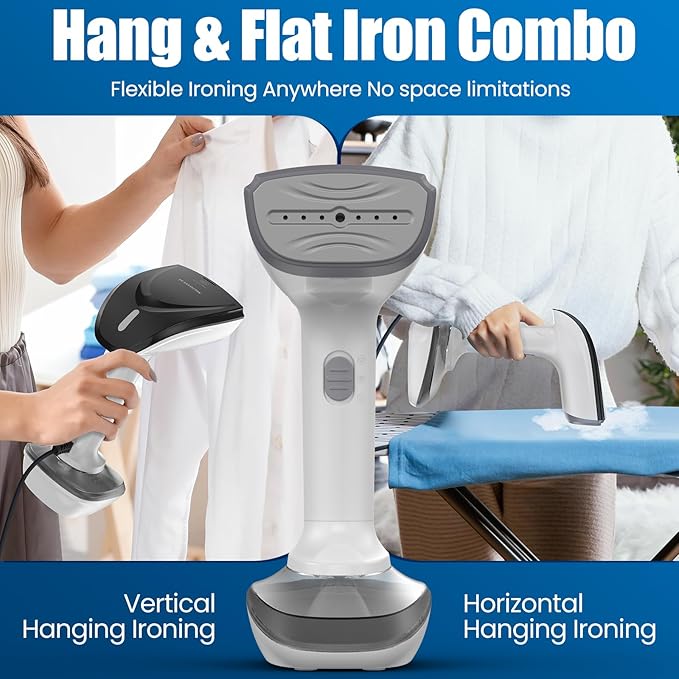 Powerful Handheld Fabric Steamer - 1800W with Fast Ceramic Heat-Up Plate 2-in-1 Ironing &amp Wrinkle Remover Steam Nozzle Lint Brush - White for US 120V Only