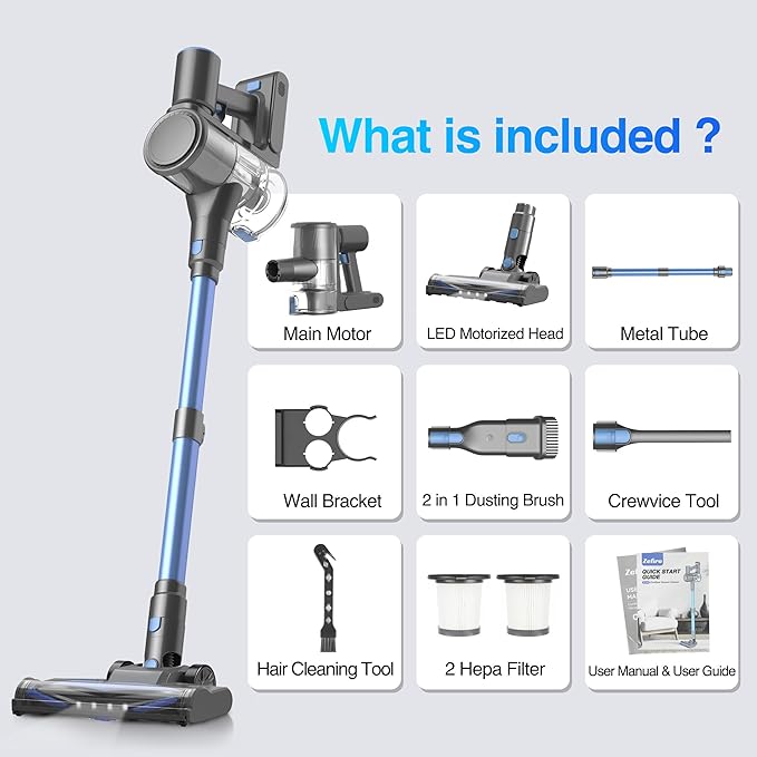 Zefiro Cordless Vacuum Cleaner for Home450W /40Kpa 50Mins Stick VacuumAnti-Tangle 1.5L Dust Cup Rechargeable Wireless Handheld Vacuum for Pet Hair/Carpet/Floor