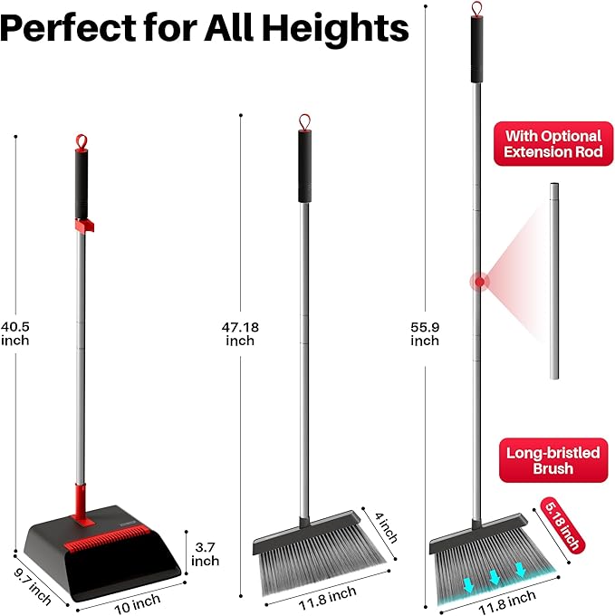 JOYMOOP Black and Red Broom and Dustpan Set Upright Angle Design with Built-in Comb Teeth for Home Office Hard Floors