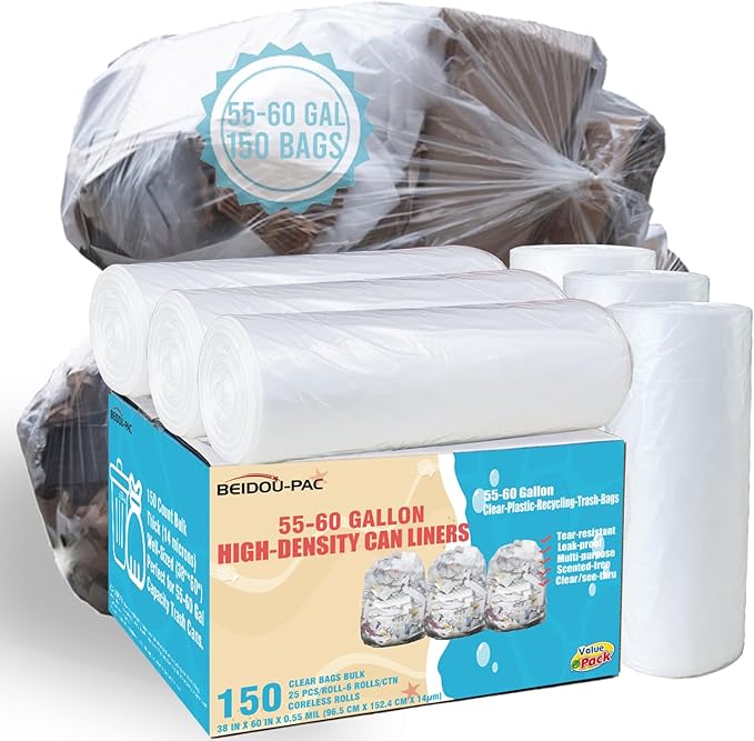 55-60 Gallon Trash Bags 150 Count Heavy Duty Clear Plastic Recycling Bags Unscented