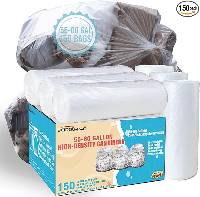 55-60 Gallon Trash Bags 150 Count Bulk Heavy Duty Clear Plastic Recycling Garbage Bags Multi-purpose Can Liners for Business Home Commercial Industrial Contractors Storage Outdoor