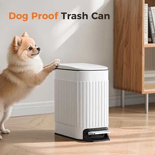 TrashAid Slim Bathroom Trash Can with Lid Soft Close 6 Liter/1.6 Gallon Stainless Steel Small Garbage Can with Removable Inner Bucket Step Pedal Slim Wastebasket for Toilet Office Bedroom White
