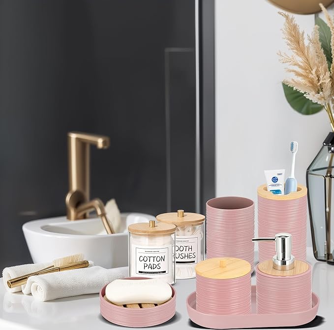 IMAVO Bathroom Accessory Set-11Pcs Pink Bathroom Accessories Set with Trash CanSoap DispenserSoap DishToothbrush HolderToothbrush CupToilet Brush HolderQtip Holder Dispenser with Labels