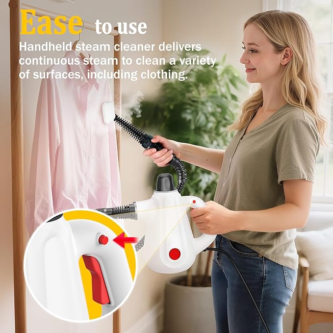 Steam Cleaner Pressurized Multi-Surface Natural Handheld Steam Cleaner for Home with Lock Button&amp16 PCS Tools Portable Steamer for Deep Cleaning Bathrooms Kitchens Grout Tile and Windows(Whi