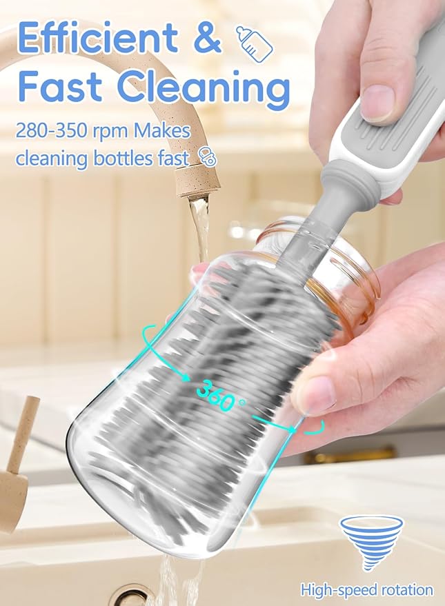 Electric Baby Bottle Brush Cleaner for Travel – BPA-Free Silicone One-Button 360° Deep Cleaning 2000mAh Rechargeable Portable Bottle Cleaning Kit with Storage Box for Home &amp On-The-Go (Grey)