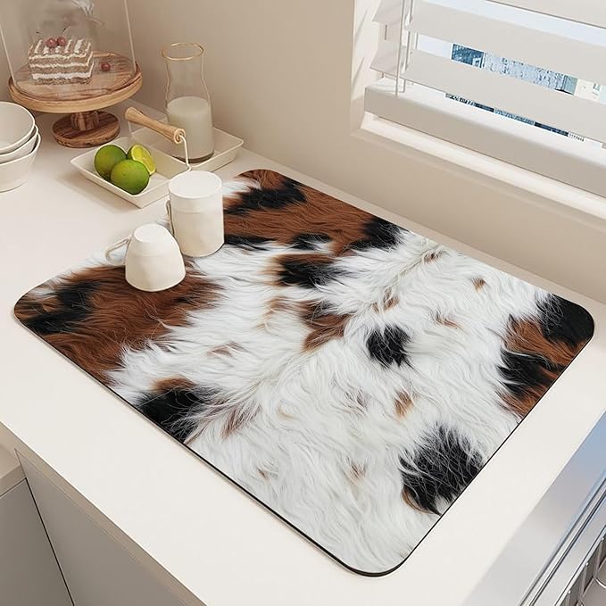 Coffee Bar Mat Super Absorbent Rubber Anti Slip Bottom Striking Cow Anti Stain Coffee Mat for Countertop Large Dish Drying Mat Accessories Suitable for Kitchen Counter Restaurants