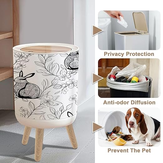 Small Trash Can with Lid Seamless Doodle Rabbit Eucalyptus leaves white New year Chinese zodiac 1.8 Gallon/7L Garbage Can Waste Bin with Pop-Up Lid Wood Legs Wastebasket for Bathroom Kitchen Bedroom