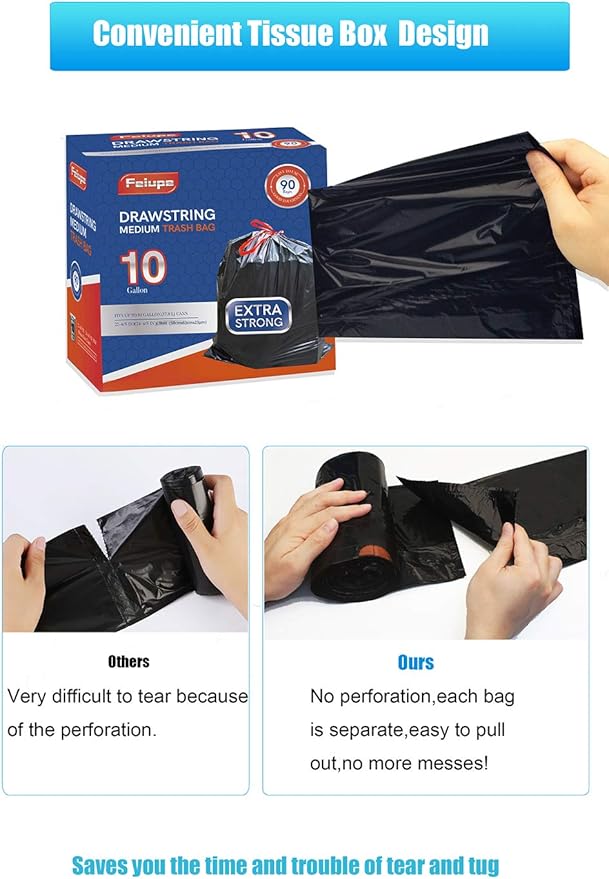 10 Gallon Drawstring Trash Bag Garbage Bag Trash Can Liner0.9 Mil90 Count (Black 10 Gallon)