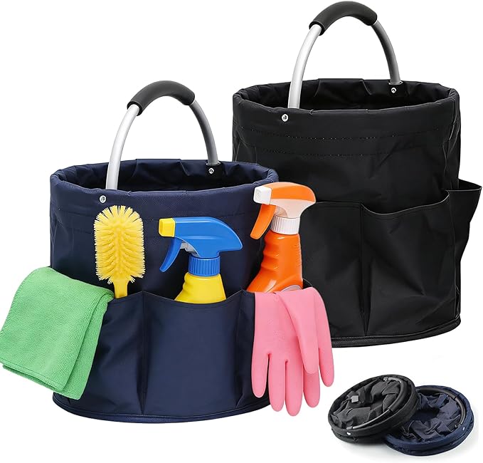 Tool Bucket Organizer 2-Pack 17L Foldable Cleaner Caddy with 6 PocketsHandle for Garden、Family and Bathroom Can Also be Used as a Beach Basket or Shopping BasketBlack+Navy Blue