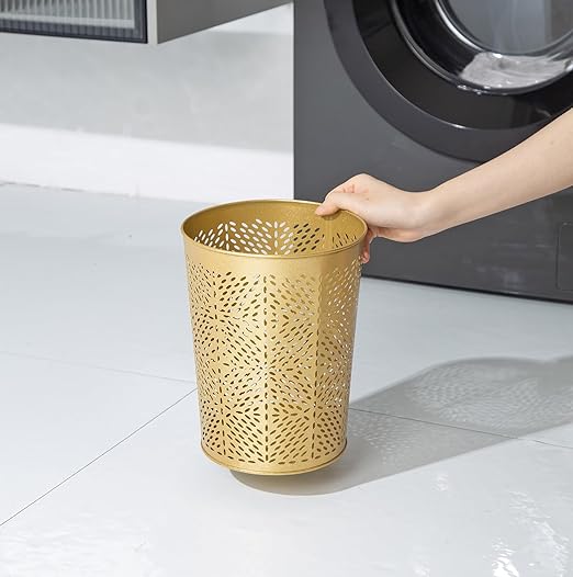 Small Gold Metal Trash Can Wastebasket Decorative Hollow-Out Garbage Can Waste Paper Bin Modern Farmhouse Round Trash Bin for Bathroom Bedroom Kitchen and Office (Floral)