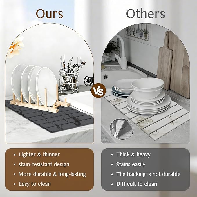 Large Stone Dish Drying Mat for Kitchen Counter Thin &amp Light Quick Dry Stone Dishes Mats Foldable Water Absorbing Diatomite Drying Pad for Kitchen Bathroom Sink Countertop (Gray Ink 24×16 &amp
