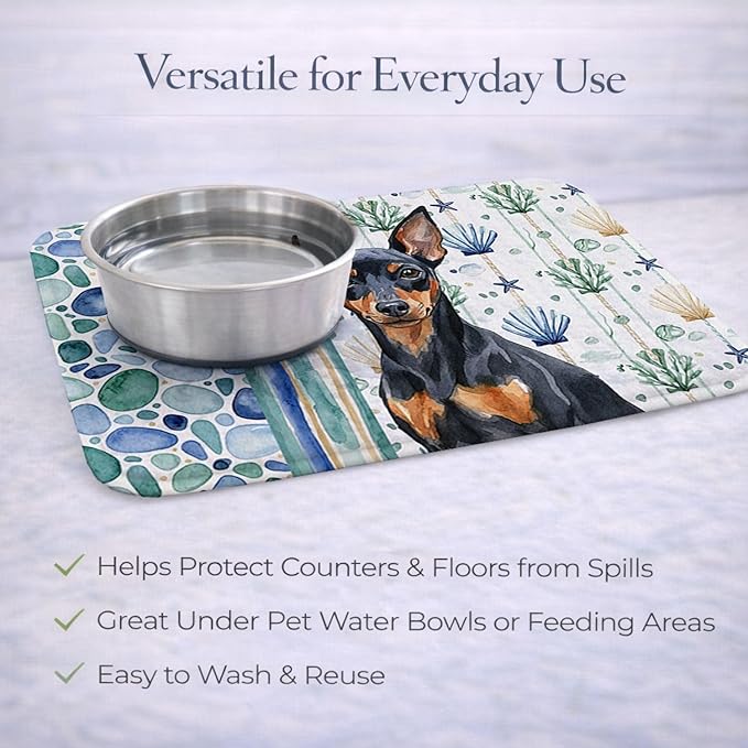 Caroline's Treasures Black and Tan Miniature Pinscher Coastal Sea Glass Dish Drying Mat Absorbent Dish Drying Mat Pad for Kitchen Counter Dish Drainer Mat for Countertop 14 x 21 Multicolor