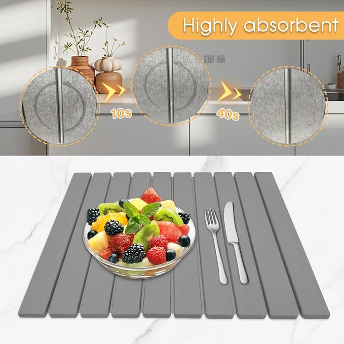 Large Stone Dish Drying Mat for Kitchen Counter 24×16 Collapsible Quick Dry Stone Mat Kitchen Non-Slip Ultra Absorbent Diatomaceous Earth Mats For Any Kitchen CounterBowl Plate Cup Dishes