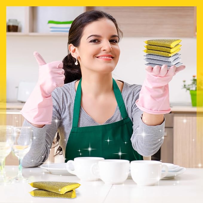 Thyle 24 Pack Steel Scrub Sponges for Dishes Non Scratch Scouring Sponge Multi Use Metal Scrubber Heavy Duty Dish Wash Kitchen Sponge for Pot Dish Washing Hard Surface Cleaning Tools (GrayYellow)