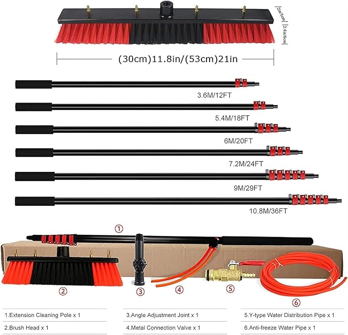 Water Fed Pole Kit Water Fed Brush Water Fed Cleaning System Outdoor Window Cleaner Cleaning Tool for Window Glass Solar Panel (55cmbrush 18Ft/5.4M)