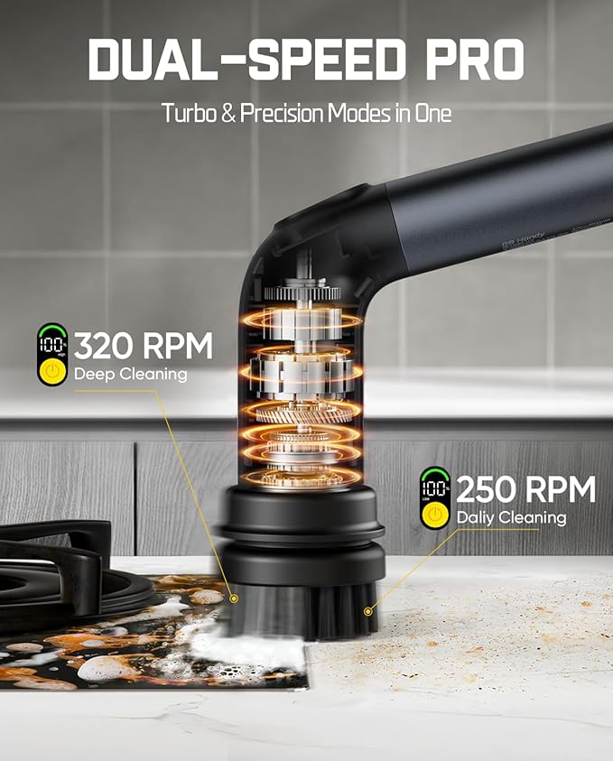 Fanttik G9 Handy Cordless Electric Spin Scrubber MagnaStorm Motor Dual-Speed 5 Brush Heads LED Display IPX7 Waterproof 2500mAh with Type-C Charging for Kitchen Sink Tile Stove