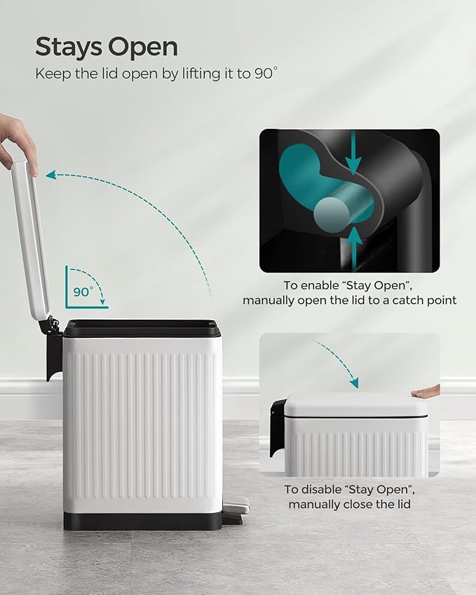 SONGMICS Bathroom Trash Can 2.6-Gallon (10 L) Trash Bin with Lid Slim for Small Spaces Stainless Steel Garbage Can Soft Close White ULTB562W01