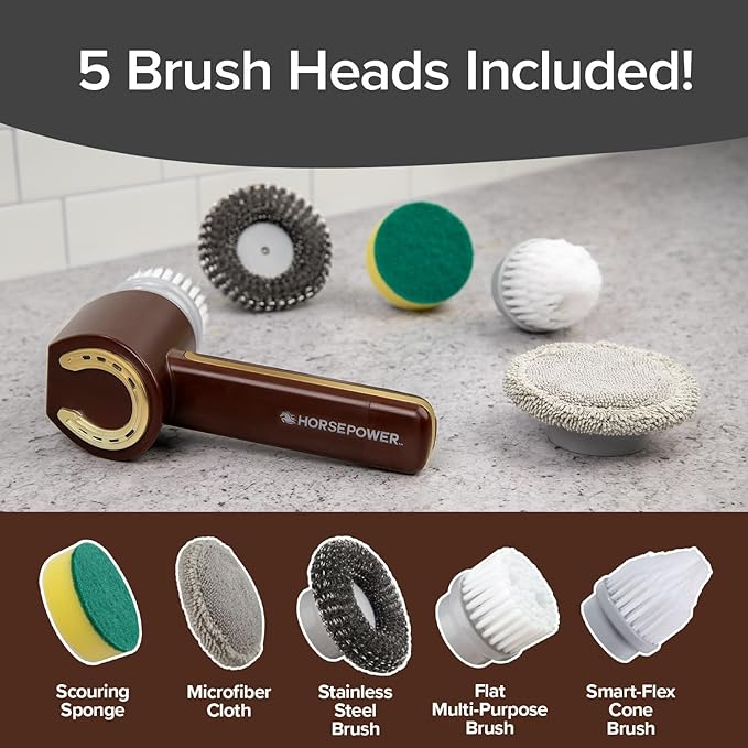 Horsepower Scrubber Gold Edition Longer Battery Life Electric Power Rechargeable Spins 350 RPM Waterproof 5 Brush Heads AS SEEN ON TV Cleans Dirt &amp Grime: Bathrooms Kitchen Indoors/Outdo