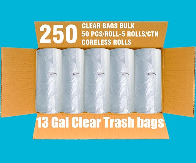Trash Bags 13 Gallon 250 Count Bulk Clear Plastic Recycling Garbage Bags Multi-purpose Tall Kitchen Trash Bags Can Liners for Business Home Commercial and Industrial