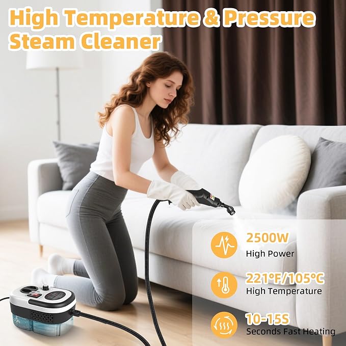 Steam Cleaner for Home &amp Car 15s Fast Heat Handheld Steamer for Cleaning 1.2L Tank 13pcs Accessories 6-gears Adjustable Portable Steam Cleaning Machine for Floors/Couches/Tiles/Grout/Dirt/Grea