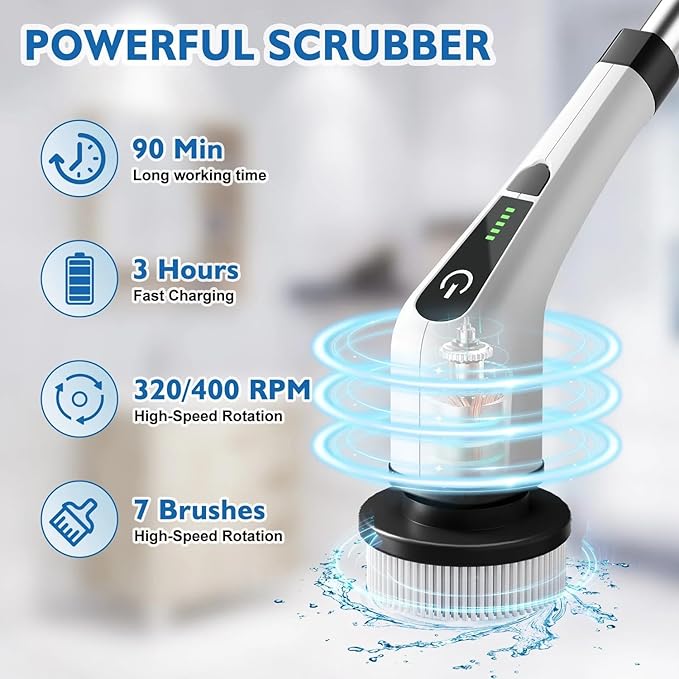 Electric Spin Scrubber Cordless Bath Tub Power Scrubber with Long Handle &amp 7 Replaceable Heads Detachable as Short Handle Shower Cleaning Brush Household Tools for Bathroom &amp Tile Floor