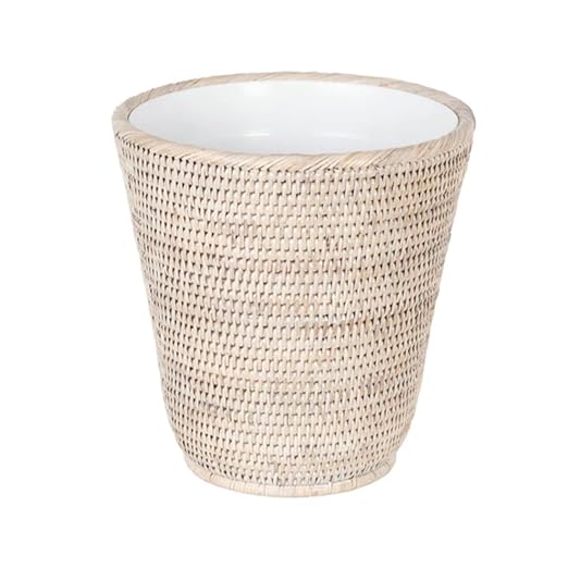 KOUBOO La Jolla Rattan Wastebasket with Plastic Insert Handmade Trash Can Small Wastebasket Bedroom Bathroom Vanity RV Dorm White Wash