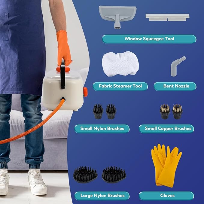 Moongiantgo Steam Cleaner Handheld Steamer for Cleaning Portable Pressurized Cleaning Machine for Car Detailing Grout Tile Upholstery Home Use Kitchen Bathroom with 1500ML Water Tank (Beige-Orange)