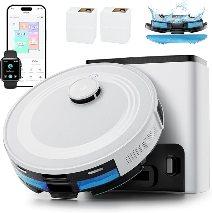 Lefant LiDAR Robot Vacuum and Mop75-Day Self-Emptying6000Pa Powerful SuctionCustomized CleaningHome Mapping 140 Min Runtime Roller Brush for Carpet2.4G/5G WiFi/Alexa/APP/iWatchM2 Plus