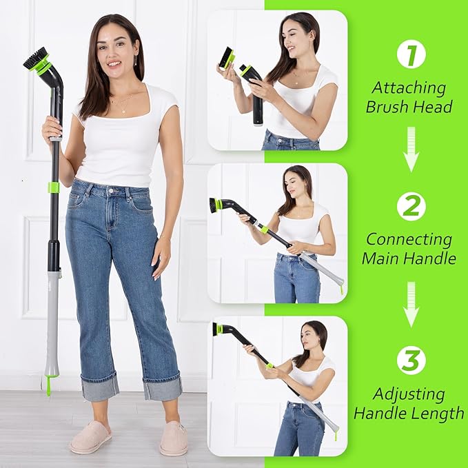 EasyScrub Cordless Electric Spin Scrubber - Powerful 350 RPM Cleaning with 4 Replaceable Heads Adjustable Extension Handle IPX7 Waterproof Ideal for Shower Tiles Tubs and Grout