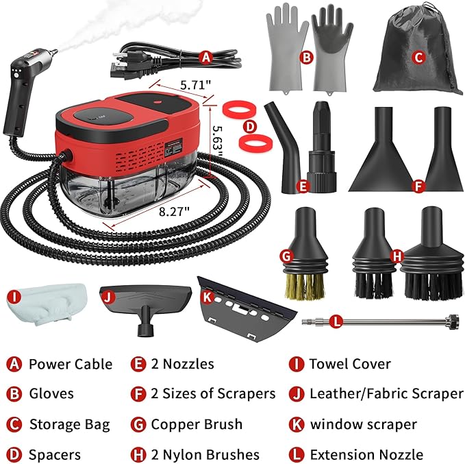 Handheld Steam Cleaner for Home 2500W High Temperature Pressurized Machine 1.6L Water Tank Handle-controlled Steam Output Portable Cleaning Steamer for Car Bed Bugs Furniture Grout (Red)