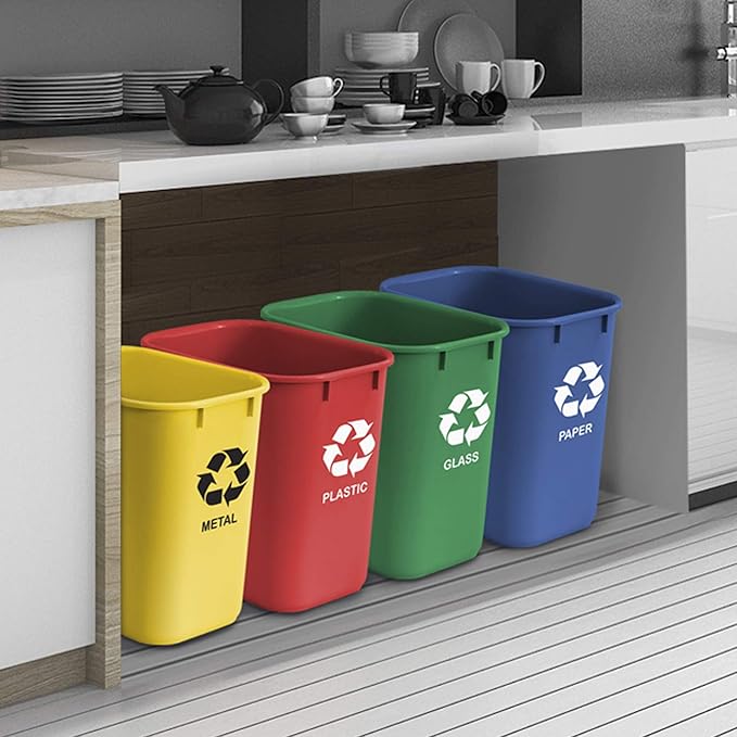 Acrimet Wastebasket Bin for Recycling 6.75 Gallon/ 27 Quart/ 25.552 Liter (Made of Plastic) (Metal/Yellow Paper/Blue Glass/Green Plastic/Red) (Set of 4)