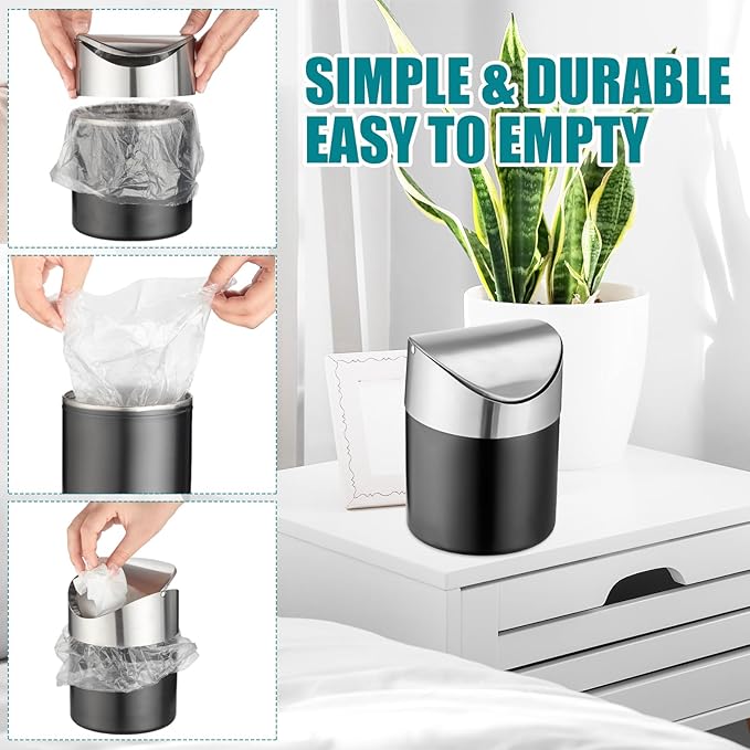 2 Pcs Desk Trash Can with Swing Lids 12 Rolls of Trash Bags 2L Brushed Stainless Steel Countertop Garbage Bin Small Wastebasket with Lid for Office Desk Coffee Table(Matte Black)