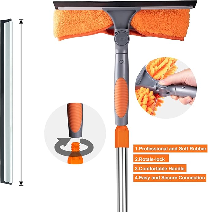 BITOPE 2 in 1 Squeegee for Window Cleaning ToolLong Handle Window Cleaner Tool with Stainless Steel Extension Pole for CarShower Glass Doors Outdoor High Window