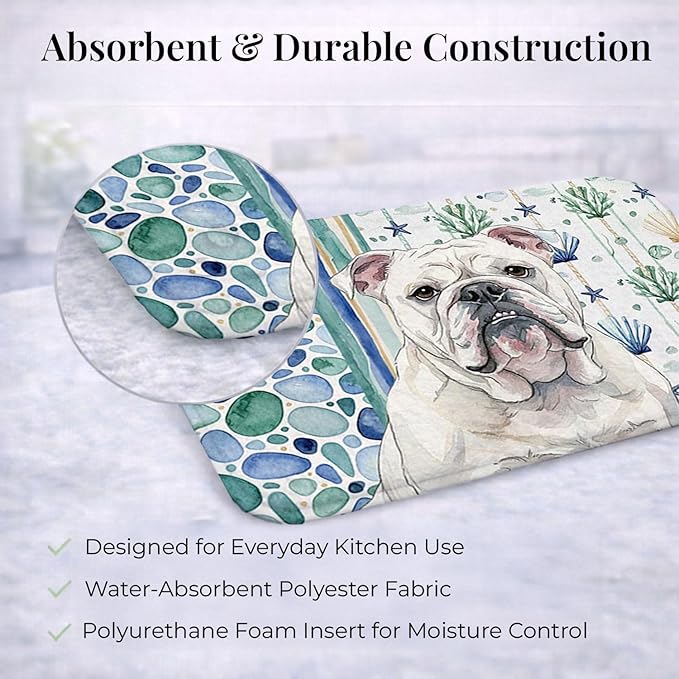 Caroline's Treasures White English Bulldog Coastal Sea Glass Dish Drying Mat Absorbent Dish Drying Mat Pad for Kitchen Counter Dish Drainer Mat for Countertop 14 x 21 Multicolor