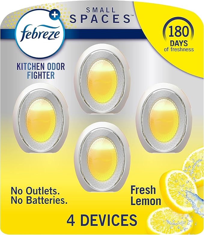 Febrezee Small Spaces Plug in Air Freshener Alternative for Home Odor Eliminator for Strong Odor 4 Count (Pack of 1) (Lemon)