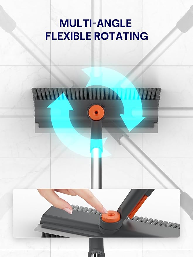 Floor Scrub Brush with Long Handle 3 in 1 Multi-angle Swivel Right Angled Bristle Floor Scrubber Brush with Squeegee and Tweezer for Cleaning Tile Wall Deck Bathroom Patio Garage Kitchen (Grey)