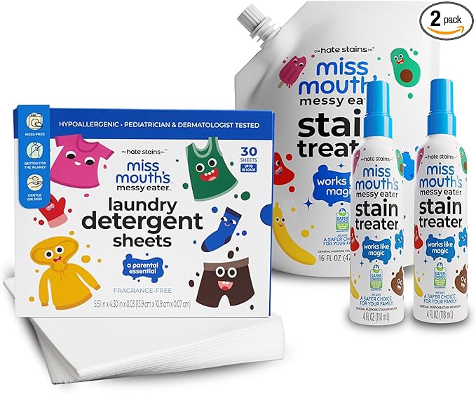 Miss Mouth's Messy Eater Stain Treater Spray - 4oz 2 Pack Stain Remover and 16oz Refill and Laundry Detergent Sheets