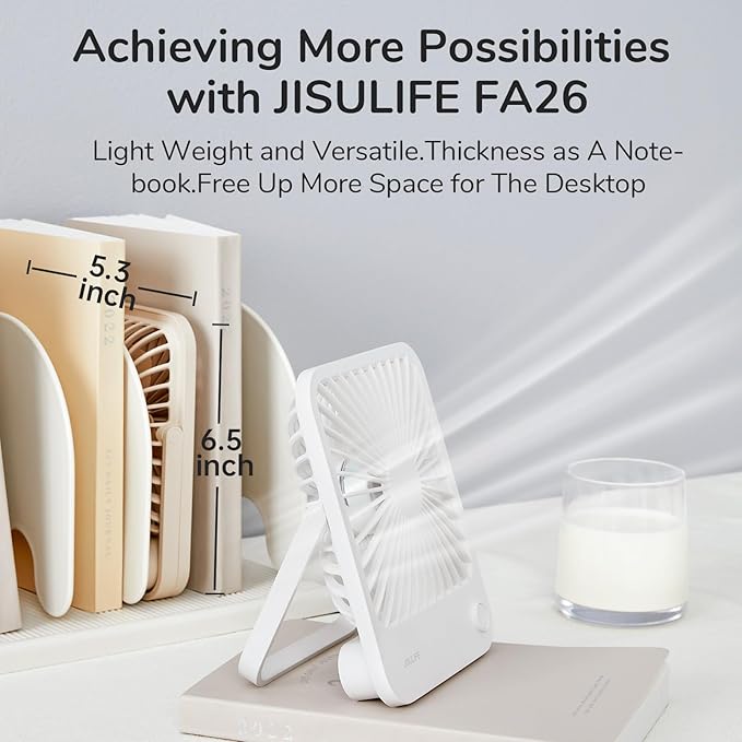 JISULIFE Desk Fan Battery Rechargeable 4500mAh 180°Foldable Portable Personal Fan 4 Speeds Adjustable Long Battery-life for Home Office Travel Outdoor Gifts for Women Men-White (Pack of 2)