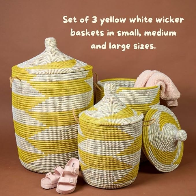 Yellow White Baskets with Lids Living Room Blankets Storage Laundry Hamper Nursery Toys Bin Decorative Wicker Sturdy Round Handles Hooded Lid Woven (Large)