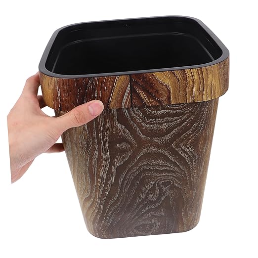 Square Trash Can with Faux Wood Grain Pattern Lidless Plastic Wastebasket with Removable Press Ring for Convenient Bag Attachment Rustic Vanity Waste Bin for Office Bedroom Kitchen