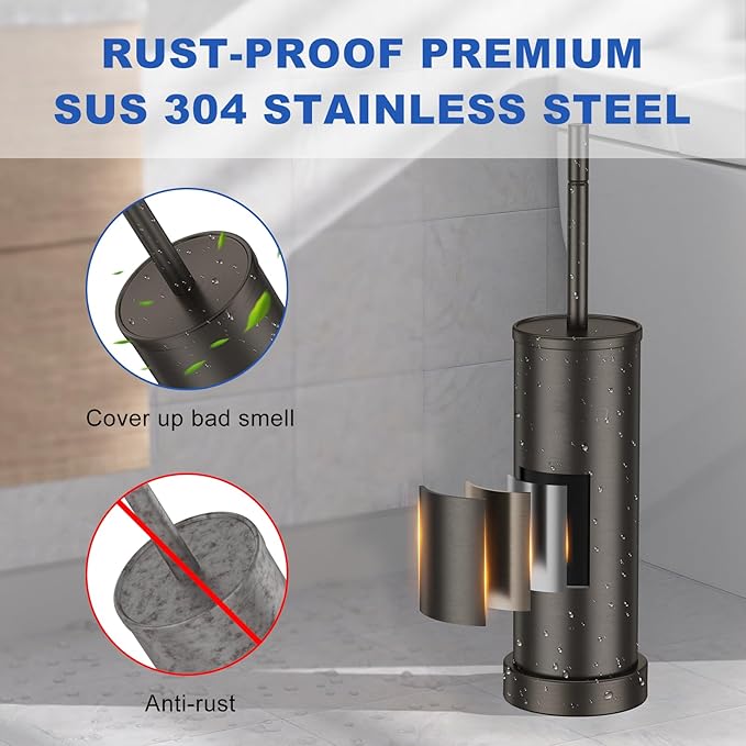Toilet Brush and Holder Set: 304 Stainless Steel Heavy Duty Toilet Bowl Brush and Holder with Removable Inner Bowl and Splash Protection Long Handle Bathroom Cleaning Tool
