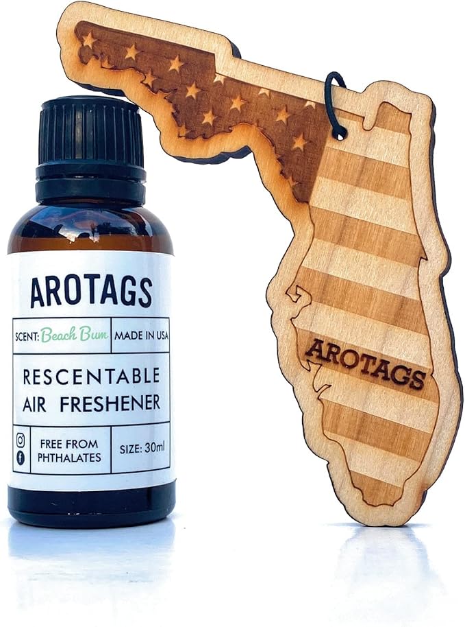 Arotags Car Air Freshener - Reusable Wood Diffuser - Hanging Odor Eliminator - Florida Patriot - Beach Bum Scent