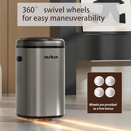 MRBIN Stainless Steel Adsorption Motion Sensor Trash Can Removable 18L / 4.8gal Automatic Absorbing Bag Lidded Garbage Bin with Wheels Waste Basket for Kitchen Bathroom Eclipse Grey