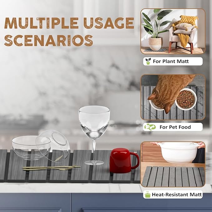 Foldable Stone Dish Drying Mat for Kitchen Counter 24” x 16” Large Diatomaceous Earth Quick Dry Mat Absorbent Sink Tray with Brush for Dishes Cups and Bottles