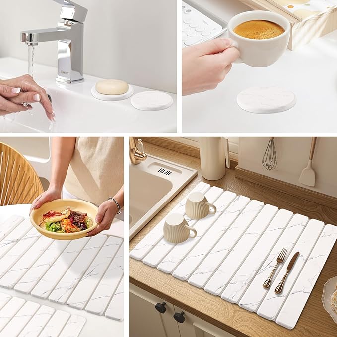 3 PCS Stone Dish Drying Mat for Kitchen Counter Large Quick Dry Stone Dishes Mats Coasters Foldable Water Absorbing Diatomaceous Earth Drying Pad for Countertop Bottles Utensils Cups