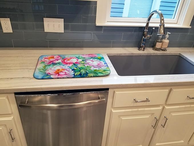 Caroline's Treasures DAC1595DDM Peonies in Watercolor Dish Drying Mat Absorbent Dish Drying Mat Pad for Kitchen Counter Dish Drainer Mat for Countertop 14 x 21 Multicolor