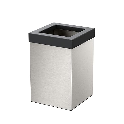 Gatco 1914MX Modern Square Wastebasket Satin Nickel and Matte Black Combo - Stainless Steel Trash Can with Removable Lid Leakproof 3 Gallon Capacity for Bathroom Bedroom Kitchen or Office